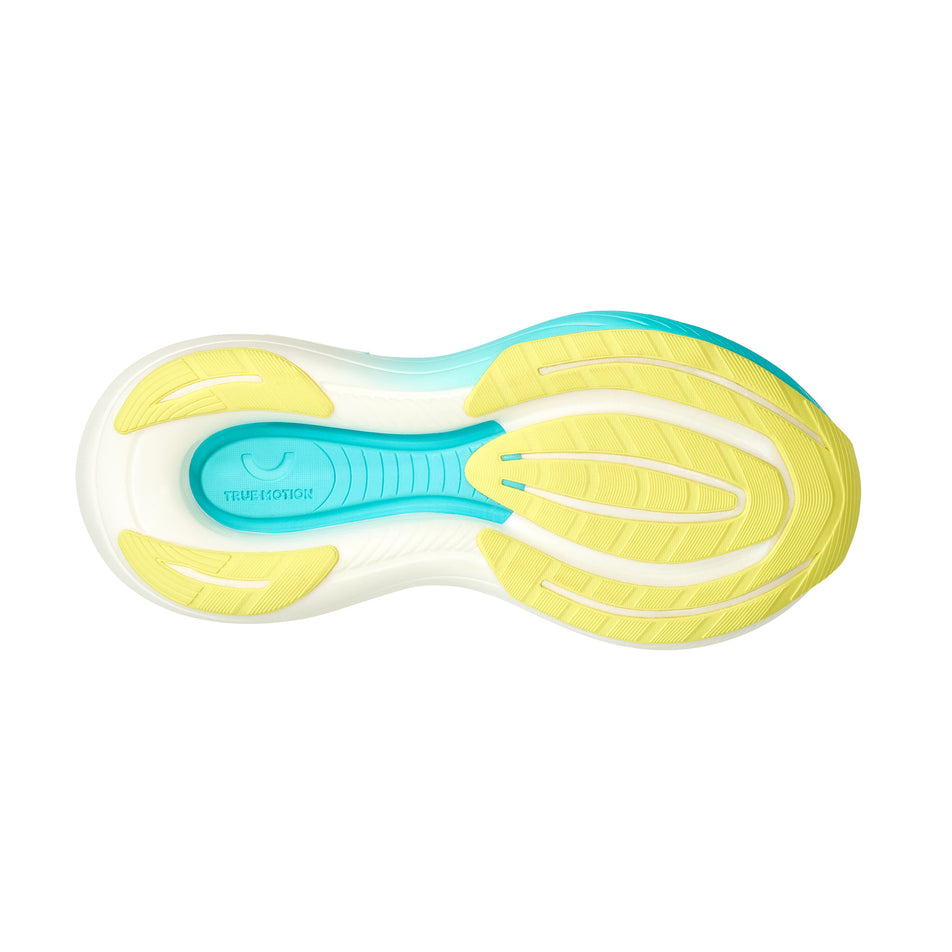 The outsole of the right shoe from a pair of True Motion Women's U-Tech Solo 2 Running Shoes in the White/Oyster Mushroom/Malibu Blue colourway.