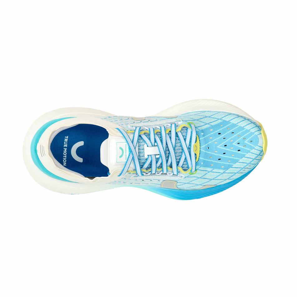 The upper of the right shoe from a pair of True Motion Women's U-Tech Solo 2 Running Shoes in the White/Oyster Mushroom/Malibu Blue colourway.