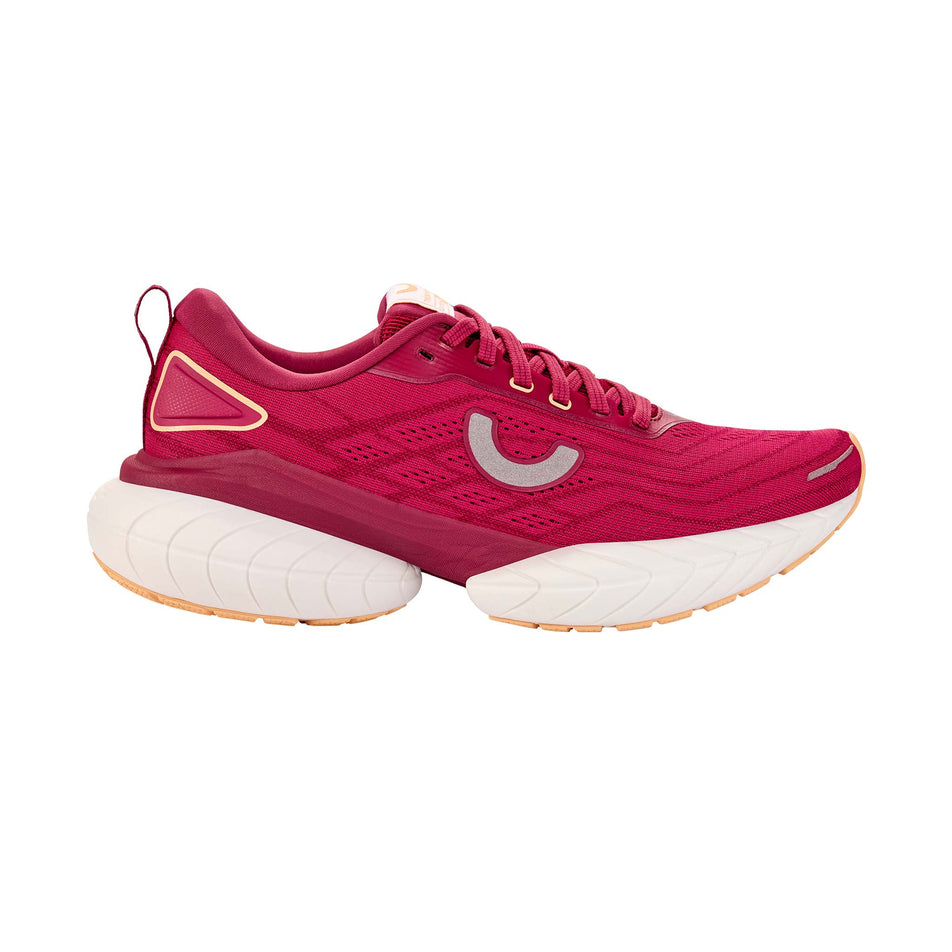 Lateral view of the right shoe from a pair of True Motion Women's U-Tech Nevos 4 Running Shoes in the Sangria/Peach Fuzz/Anemone colourway.