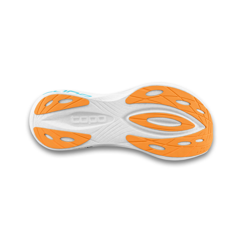 The outsole of the right shoe from a pair of Topo Athletic Men's Specter 2 Running Shoes in the Orange/Blue colourway. (8746033840290)