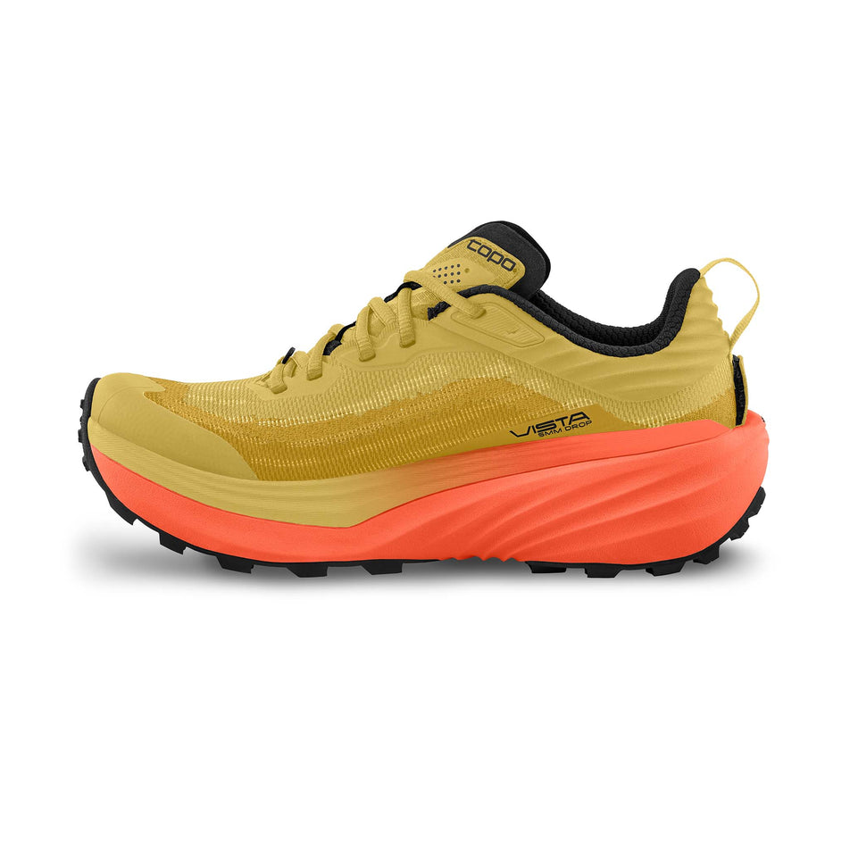 Medial view of the right shoe from a pair of Topo Athletic Men's Vista Trail Running Shoes in the Yellow/Orange colourway.