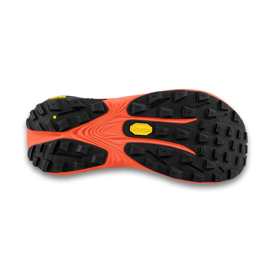 The outsole of the right shoe from a pair of Topo Athletic Men's Vista Trail Running Shoes in the Yellow/Orange colourway.