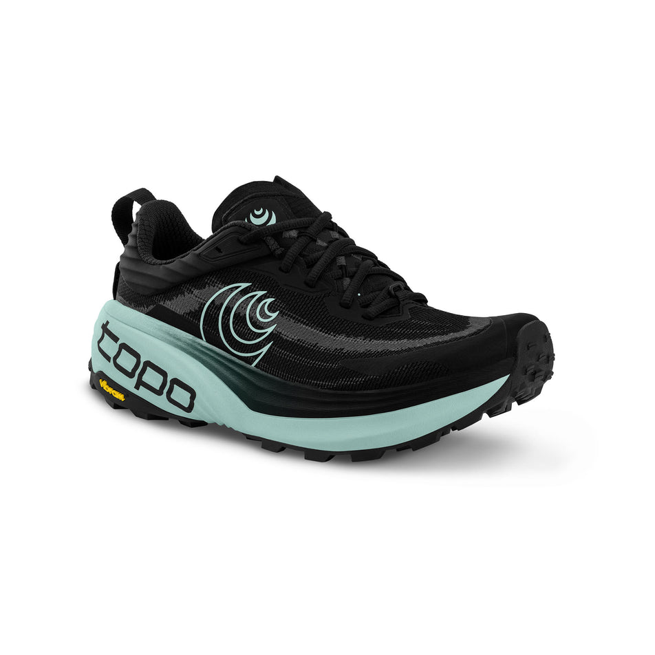 Lateral view of the right shoe from a pair of Topo Athletic Women's Vista Trail Running Shoes in the Black/Mint colourway. (8726924525730)