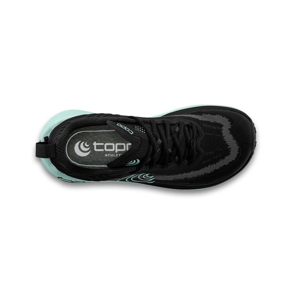 The upper of the right shoe from a pair of Topo Athletic Women's Vista Trail Running Shoes in the Black/Mint colourway. (8726924525730)