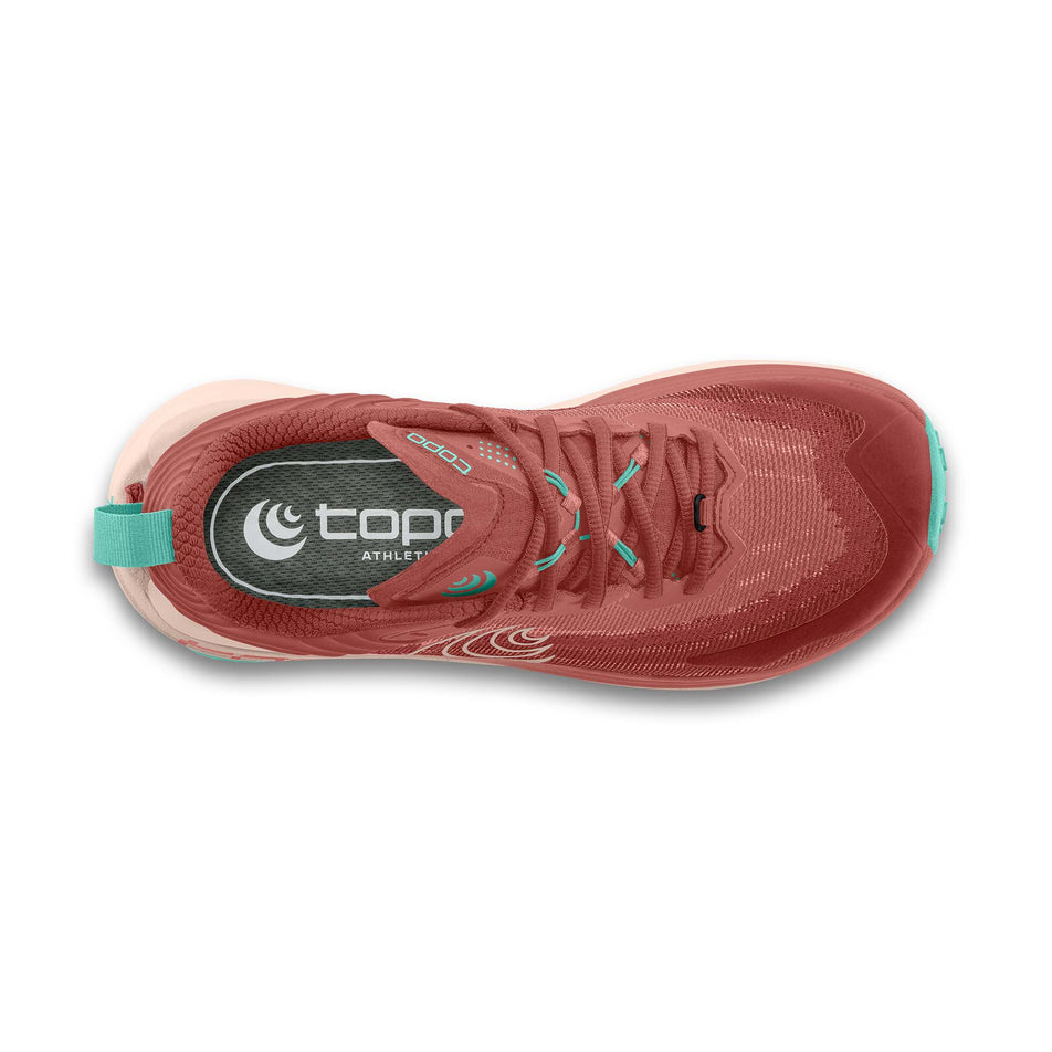 The upper of the right shoe from a pair of Topo Athletic Women's Vista Trail Running Shoes in the Rose/Mint colourway.