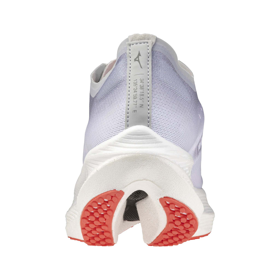 Back of the left shoe from a pair of Mizuno Women's Wave Rebellion Pro 2 Running Shoes in the White/Harbor Mist/Cayenne colourway (8191124078754)