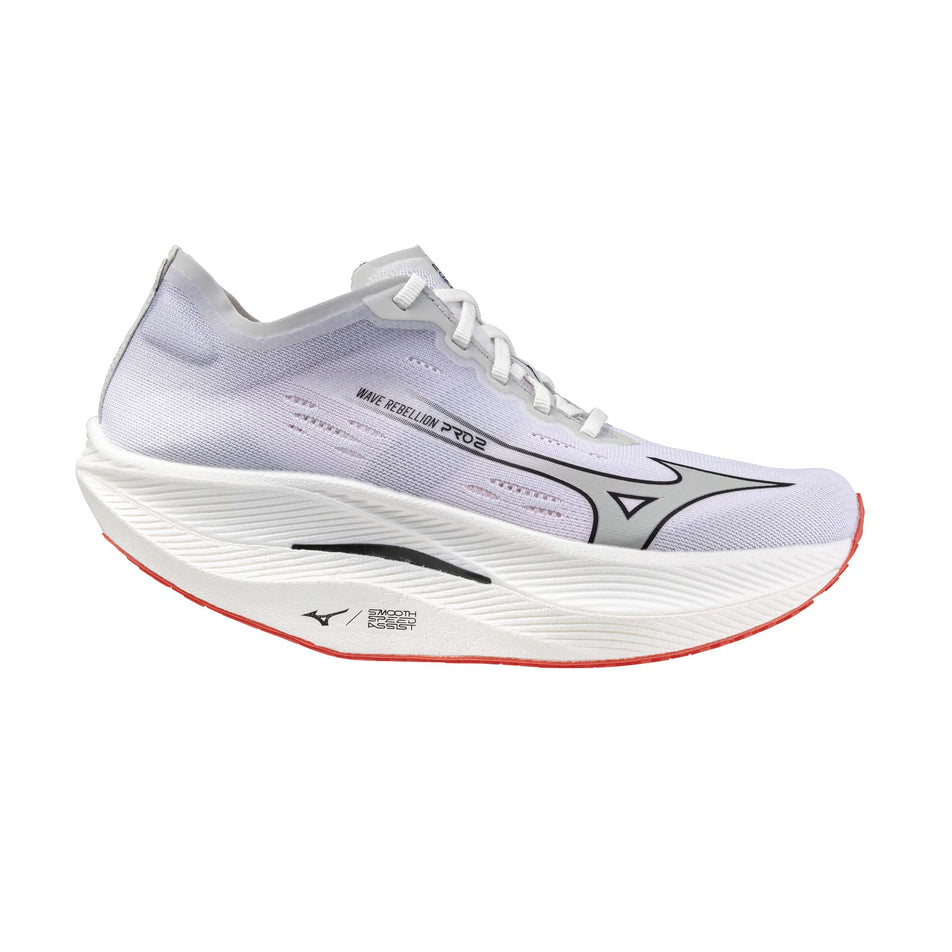 Lateral side of the right shoe from a pair of Mizuno Women's Wave Rebellion Pro 2 Running Shoes in the White/Harbor Mist/Cayenne colourway (8191124078754)