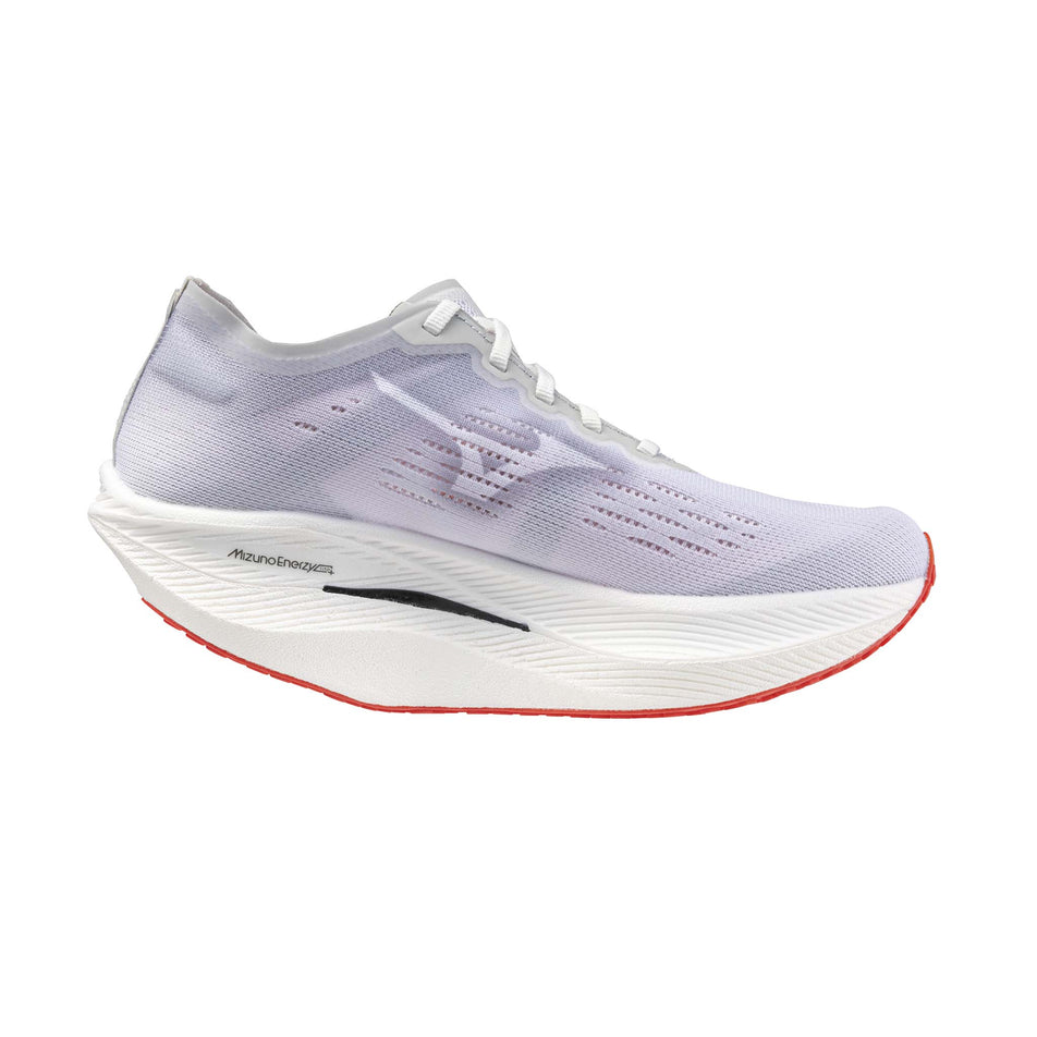Medial side of the left shoe from a pair of Mizuno Women's Wave Rebellion Pro 2 Running Shoes in the White/Harbor Mist/Cayenne colourway (8191124078754)