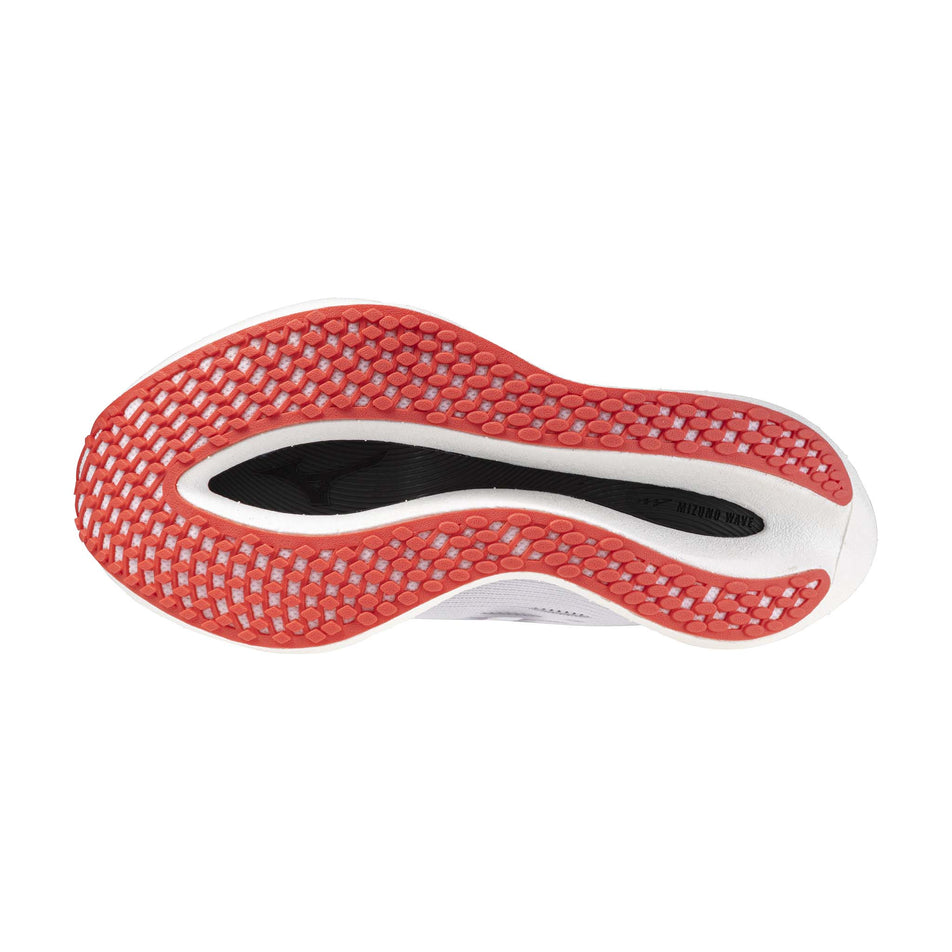Outsole of the left shoe from a pair of Mizuno Women's Wave Rebellion Pro 2 Running Shoes in the White/Harbor Mist/Cayenne colourway (8191124078754)