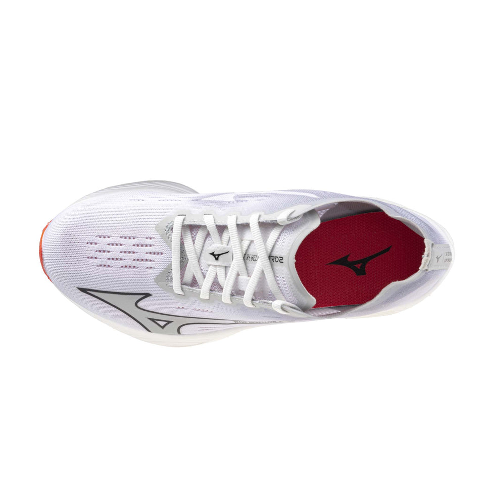 Upper of the left shoe from a pair of Mizuno Women's Wave Rebellion Pro 2 Running Shoes in the White/Harbor Mist/Cayenne colourway (8191124078754)