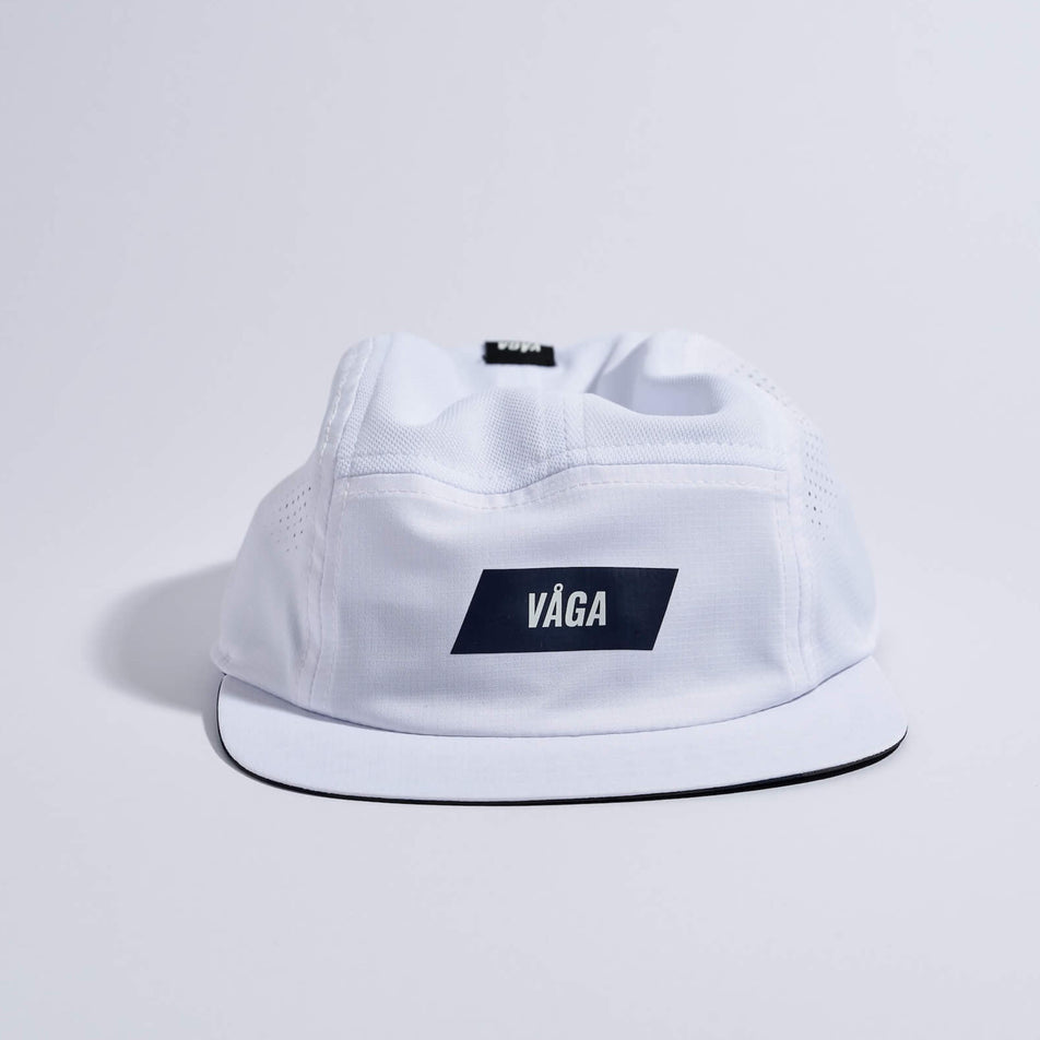 Front view of the VAGA Unisex Feather Racing Cap in the White colourway.