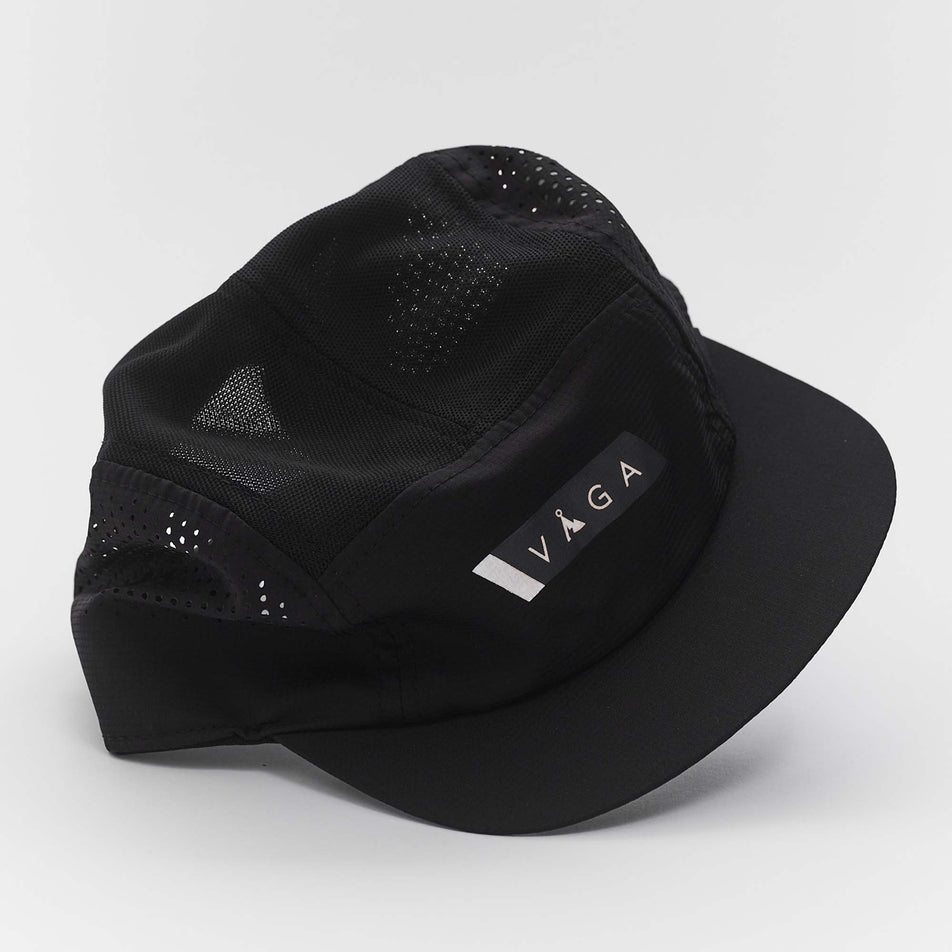 Angled-front view of a VAGA Unisex Feather Racing Cap in the Black/Mist Grey/Charcoal/White colourway (8217276776610)
