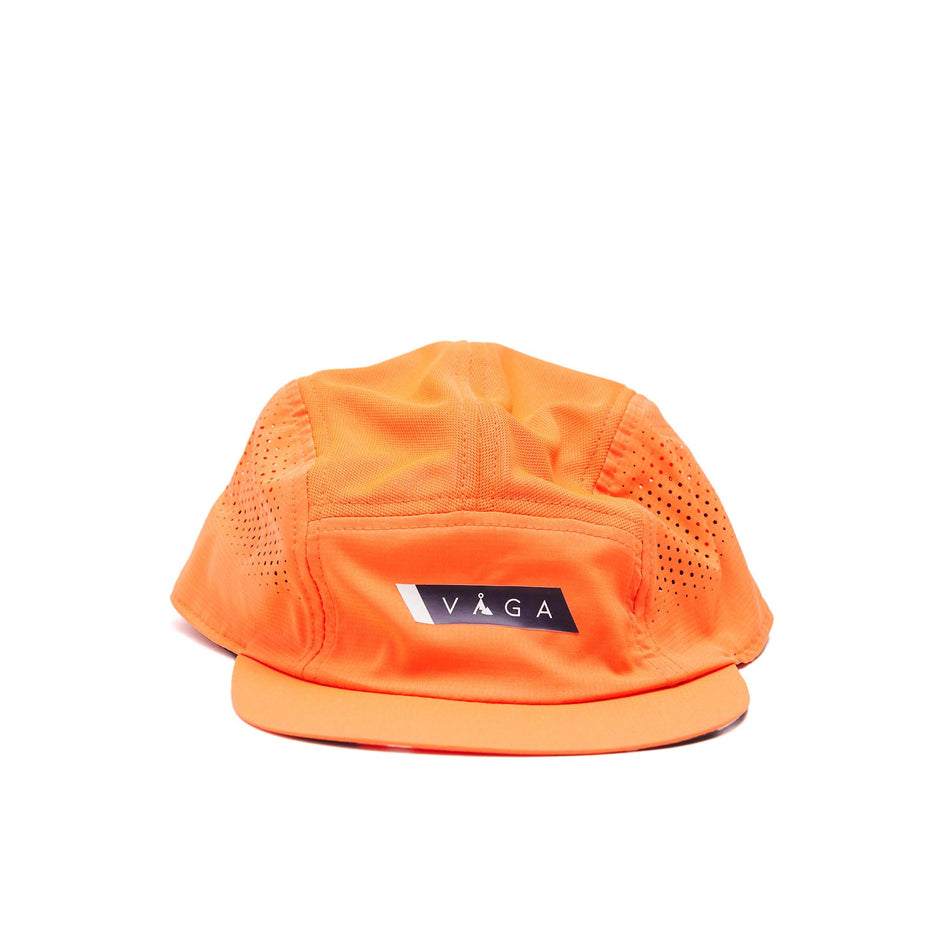 Front view of a VAGA Unisex Feather Racing Cap in the Neon Orange/Navy Blue colourway.  (8551957168290)