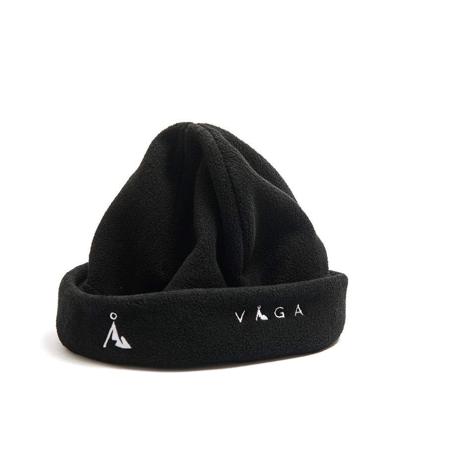 Front view of a VÅGA Unisex Fleece Beanie in the Storm Black colourway. (8487078363298)