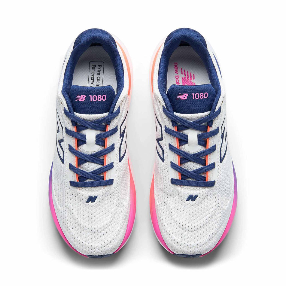 The uppers of a pair of New Balance Women's 1080 V15 Running Shoes in the Sea Salt/Blue Oyster colourway.