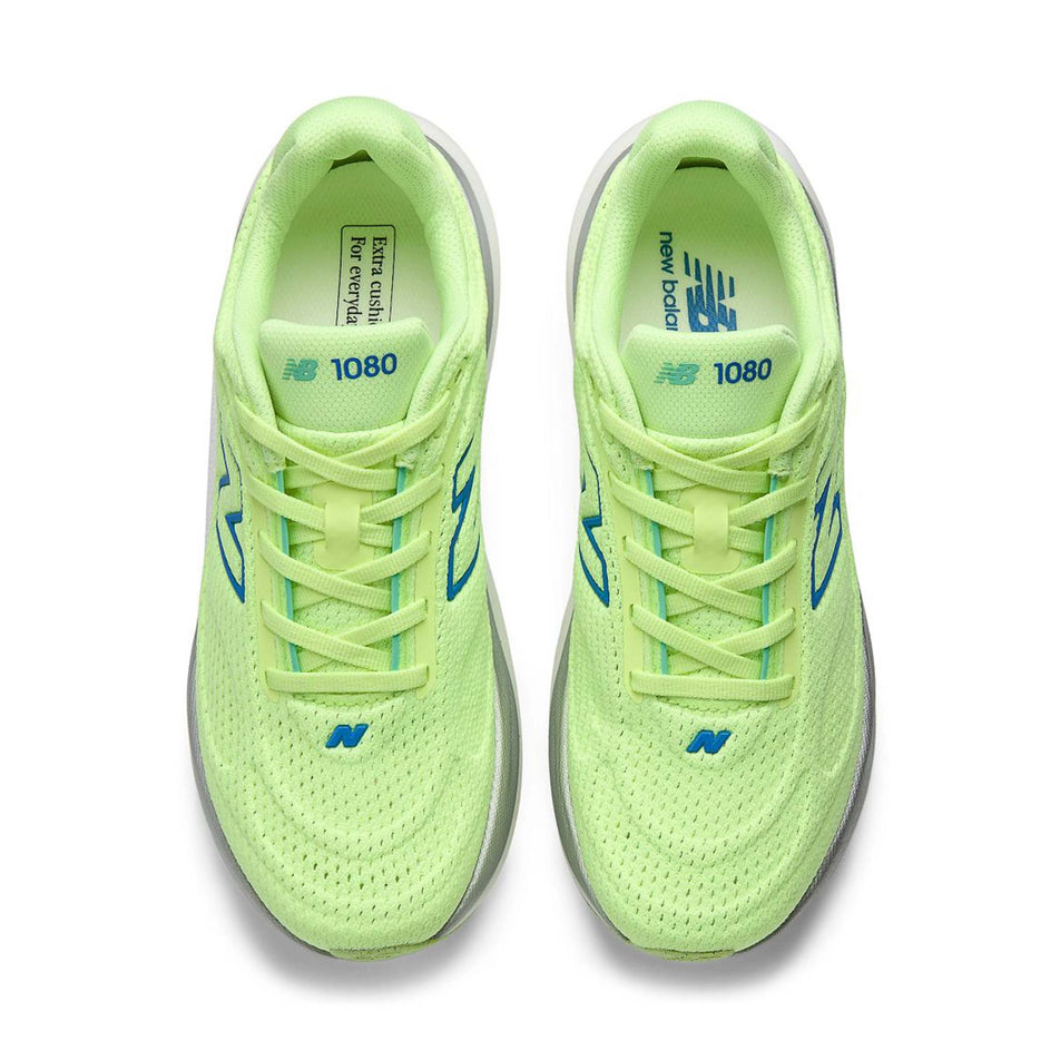 The uppers of a pair of New Balance Women's 1080 V15 Running Shoes in the Afterglow/Blue Bird colourway.