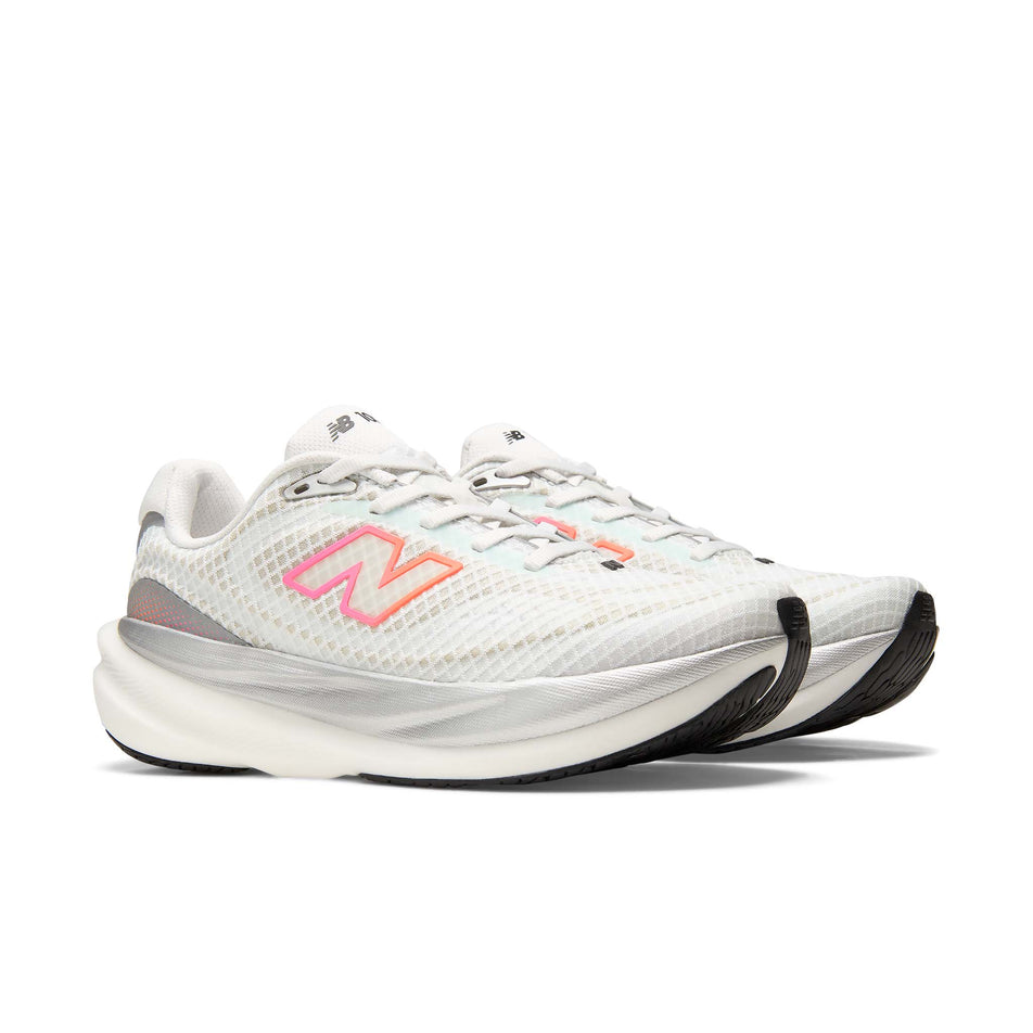 A pair of New Balance Women's 1080 V15 Running Shoes in the White/Pink Heat colourway.