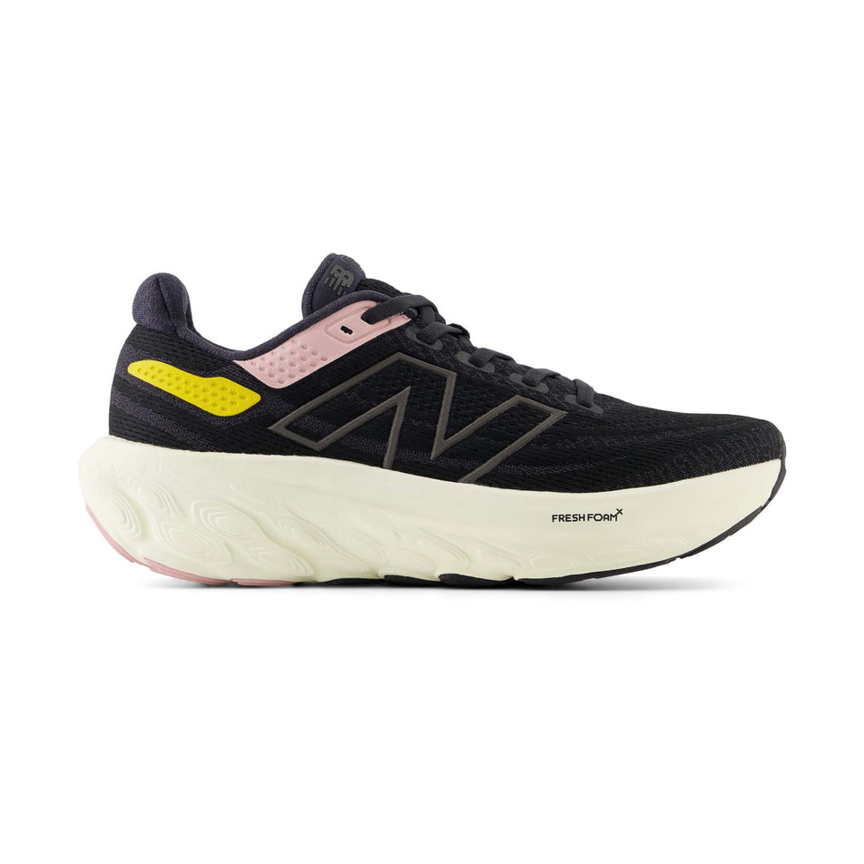 Lateral side of the right shoe from a pair of New Balance Women's Fresh Foam X 1080 V13 Running Shoes in the Black with Orb Pink and Ginger Lemon colourway (8144884170914)