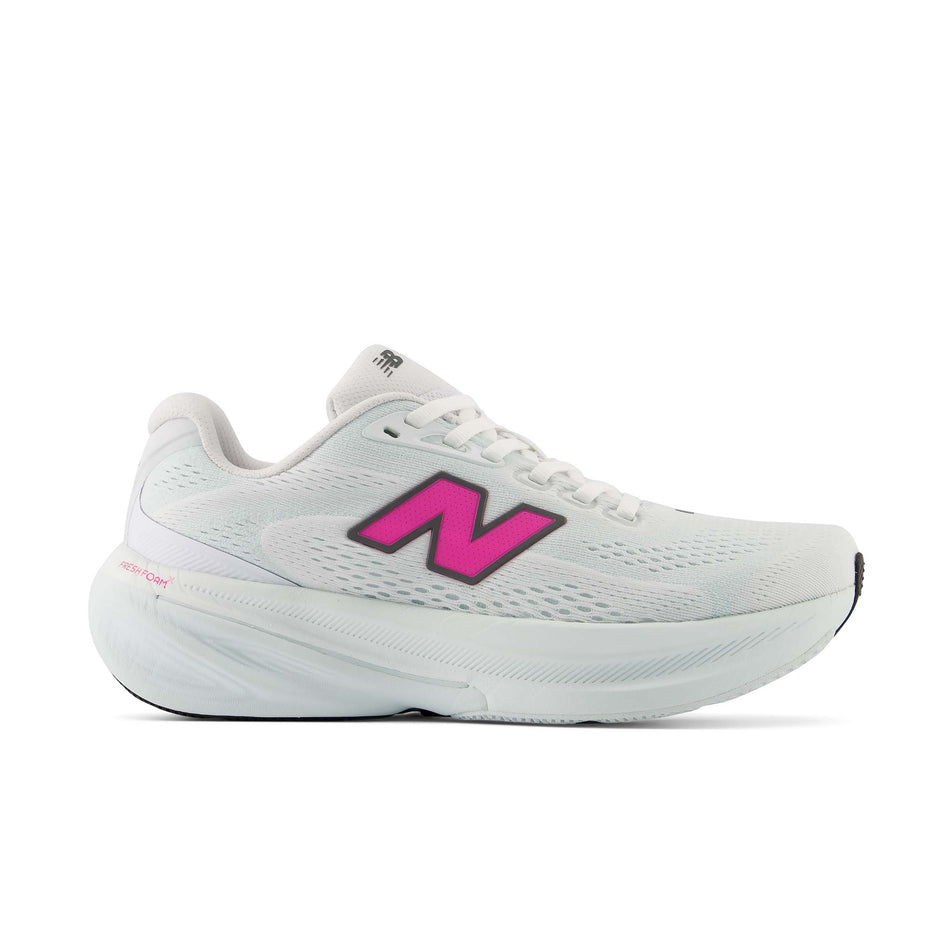 Lateral view of the right shoe from a pair of New Balance Women's Fresh Foam X 860 V15 Running Shoes in the White/Pink Heat colourway.