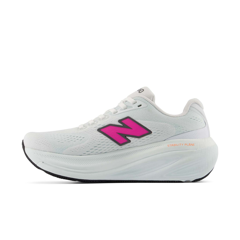 Medial view of the right shoe from a pair of New Balance Women's Fresh Foam X 860 V15 Running Shoes in the White/Pink Heat colourway.