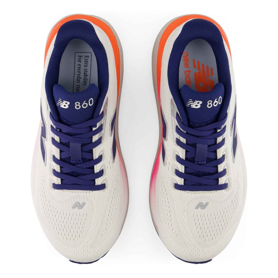 The uppers of a pair of New Balance Women's Fresh Foam X 860 V15 Running Shoes in the Sea Salt/Blue Oyster colourway.
