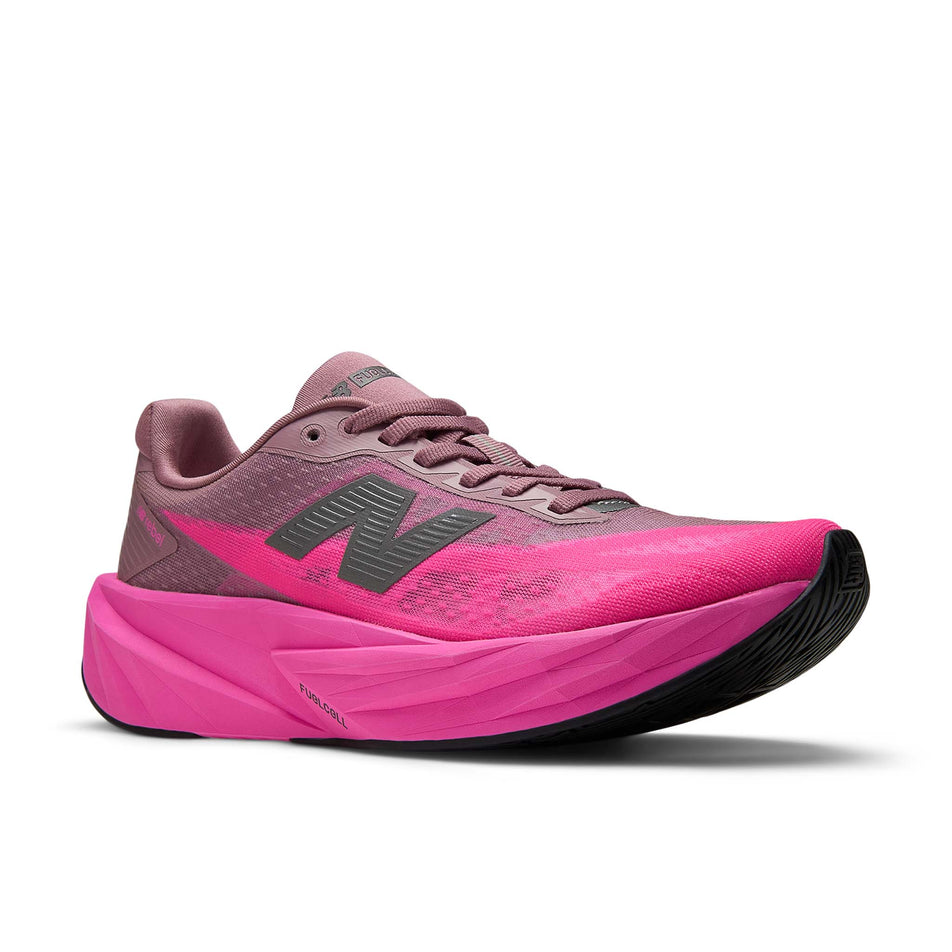 Lateral view of the right shoe from a pair of New Balance Women's Fuelcell Rebel V5 Running Shoes in the Pink Heat/Rosewood colourway.