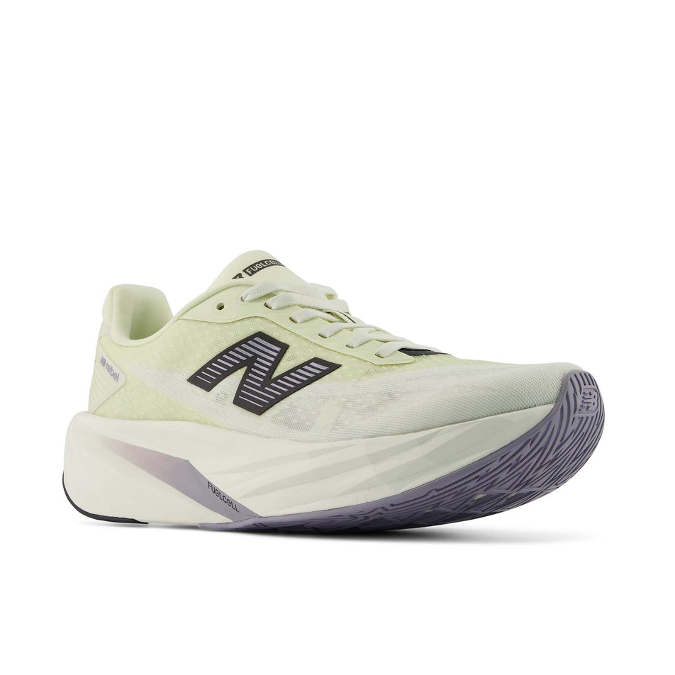 Lateral view of the right shoe from a pair of New Balance Women's FuelCell Rebel V5 Running Shoes in the Pistachio Butter/Sea Salt colourway.