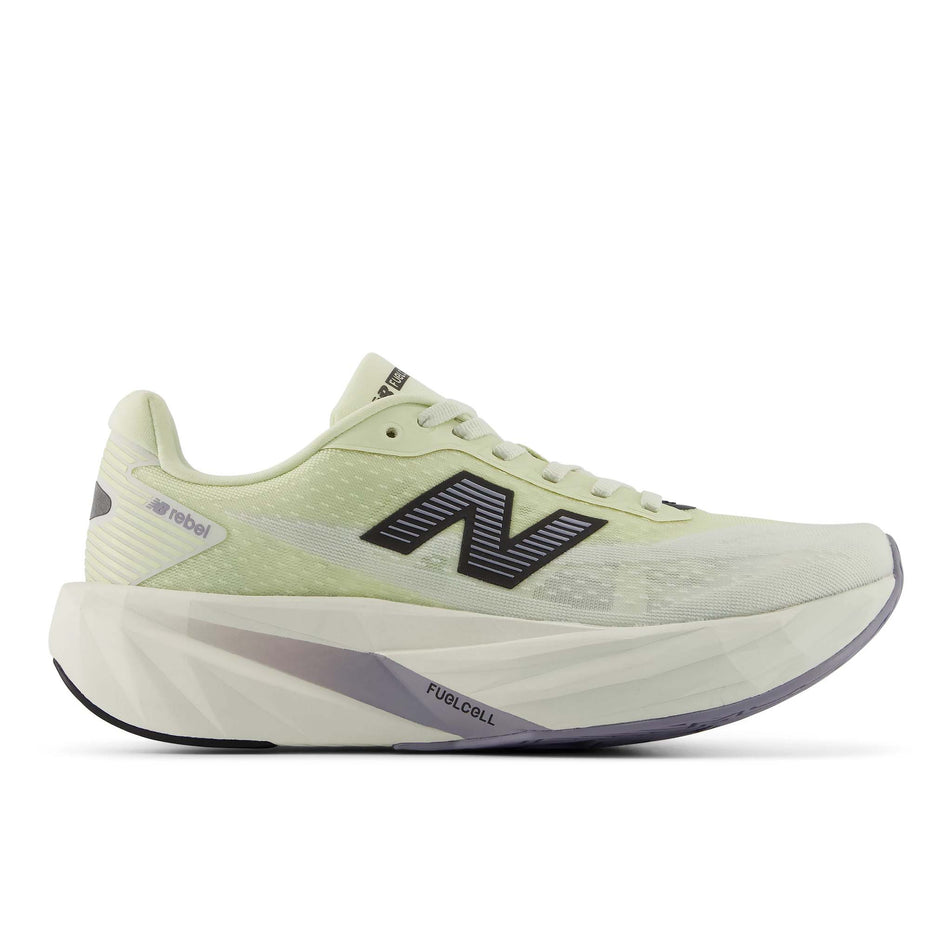 Lateral view of the right shoe from a pair of New Balance Women's FuelCell Rebel V5 Running Shoes in the Pistachio Butter/Sea Salt colourway.