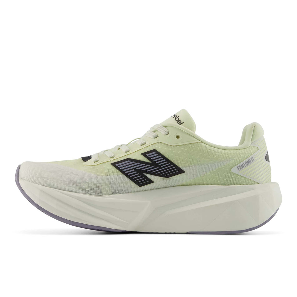 Medial view of the right shoe from a pair of New Balance Women's FuelCell Rebel V5 Running Shoes in the Pistachio Butter/Sea Salt colourway.