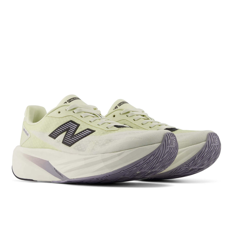 A pair of New Balance Women's FuelCell Rebel V5 Running Shoes in the Pistachio Butter/Sea Salt colourway.