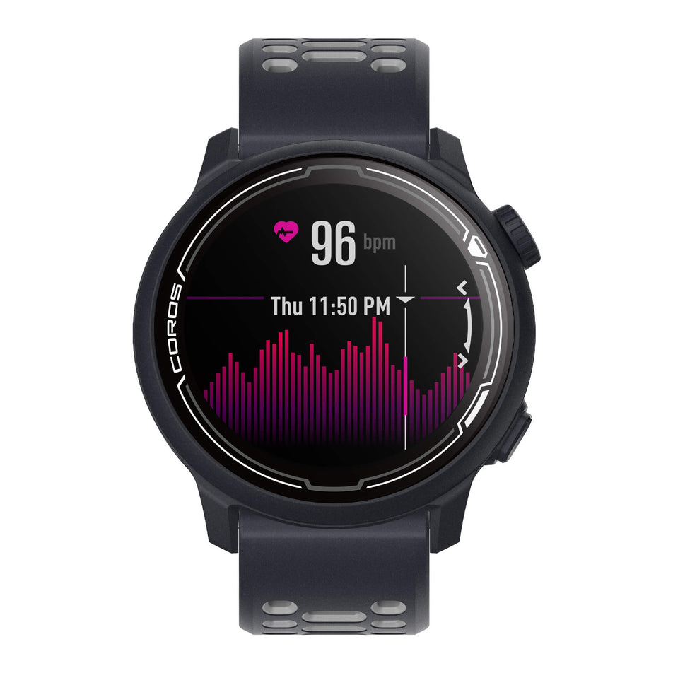 Front view of a COROS PACE 2 Premium GPS Sport Watch with a Silicone Band in the Dark Navy colourway. Heart rate monitor screen on display. (7926846128290)