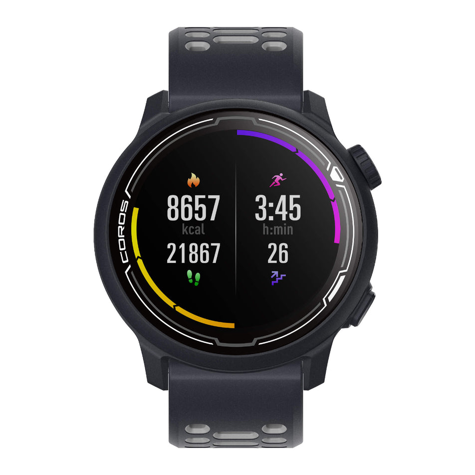 Front view of a COROS PACE 2 Premium GPS Sport Watch with a Silicone Band in the Dark Navy colourway. Metrics on display include calories burned, steps taken, run time, and steps climbed. (7926846128290)