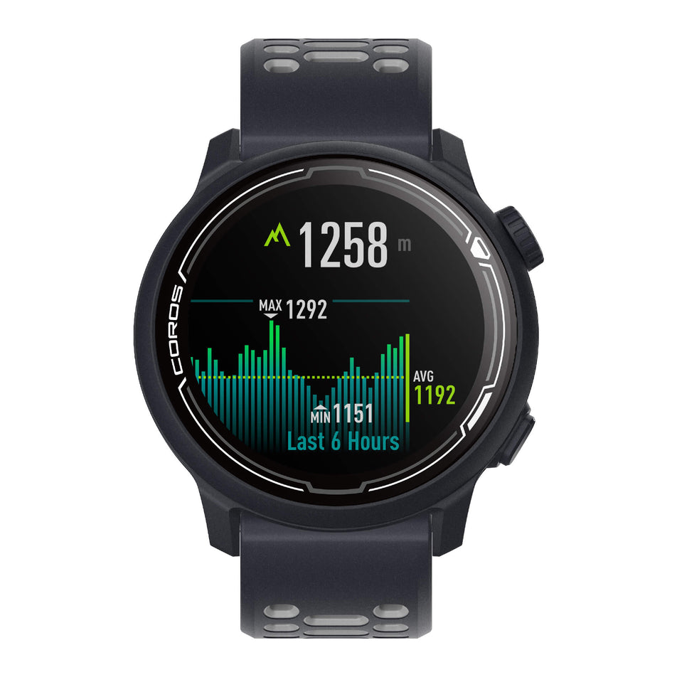 Front view of a COROS PACE 2 Premium GPS Sport Watch with a Silicone Band in the Dark Navy colourway. Elevation metrics on display. (7926846128290)