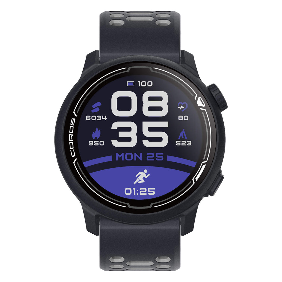 Front view of a COROS PACE 2 Premium GPS Sport Watch with a Silicone Band in the Dark Navy colourway. Main screen on display. (7926846128290)