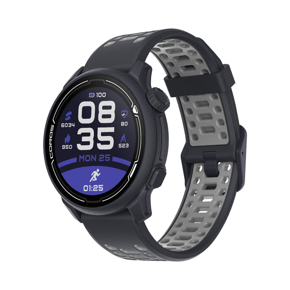 Angled front view of a COROS PACE 2 Premium GPS Sport Watch with a Silicone Band in the Dark Navy colourway. Main screen on display. (7926846128290)