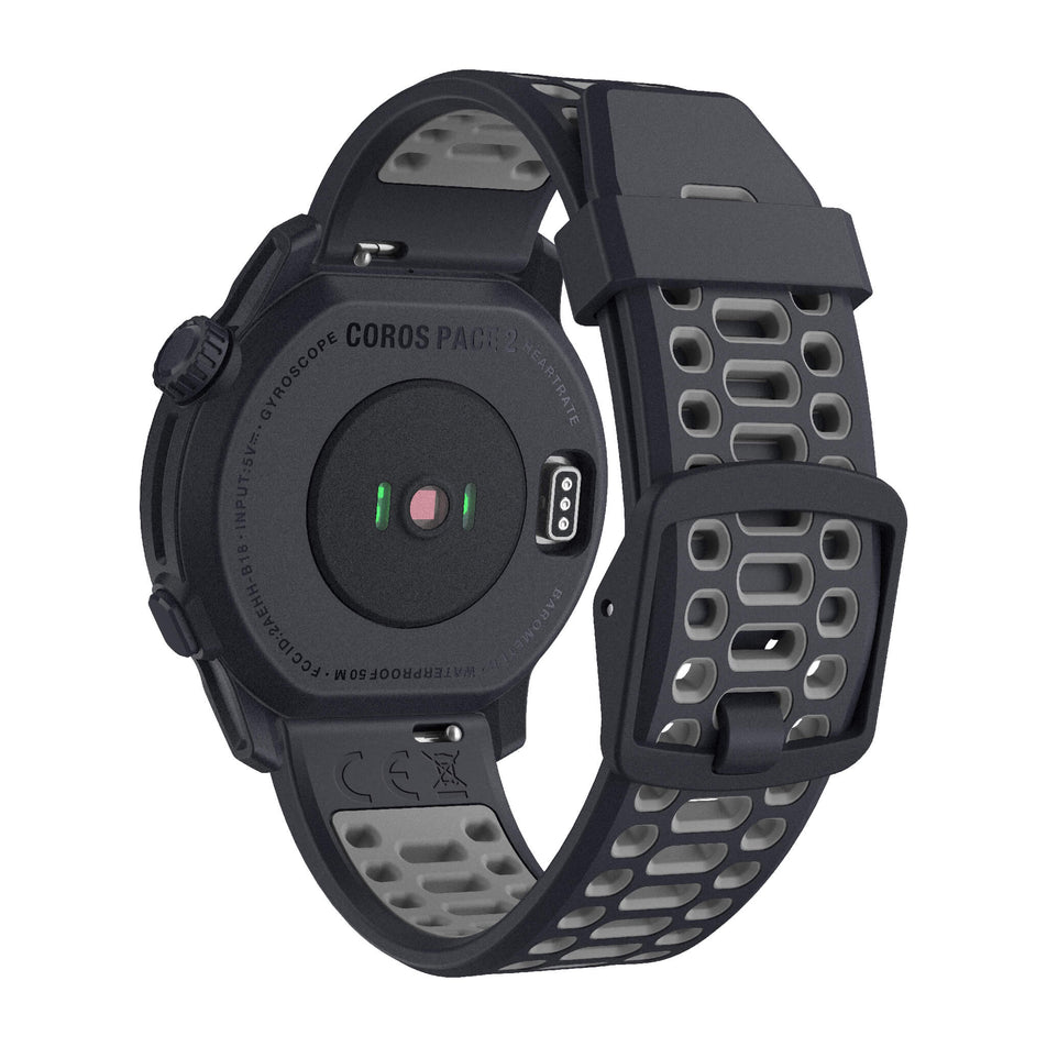 Back view of a COROS PACE 2 Premium GPS Sport Watch with a Silicone Band in the Dark Navy colourway. Wrist-based heart rate sensor on display. (7926846128290)
