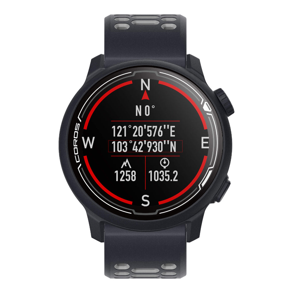 Front view of a COROS PACE 2 Premium GPS Sport Watch with a Silicone Band in the Dark Navy colourway. Navigation metrics on display. (7926846128290)