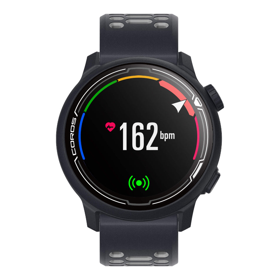 Front view of a COROS PACE 2 Premium GPS Sport Watch with a Silicone Band in the Dark Navy colourway. Heart rate data on display. (7926846128290)