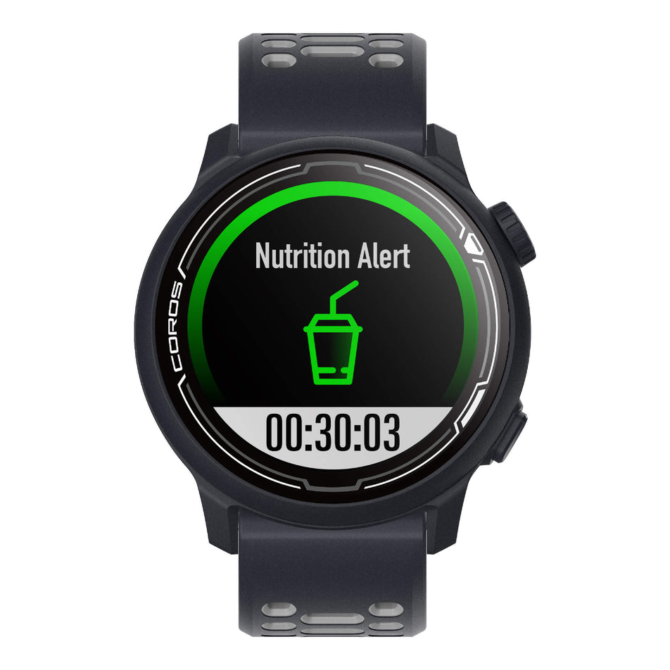 Front view of a COROS PACE 2 Premium GPS Sport Watch with a Silicone Band in the Dark Navy colourway. Nutrition alert data on display.  (7926846128290)