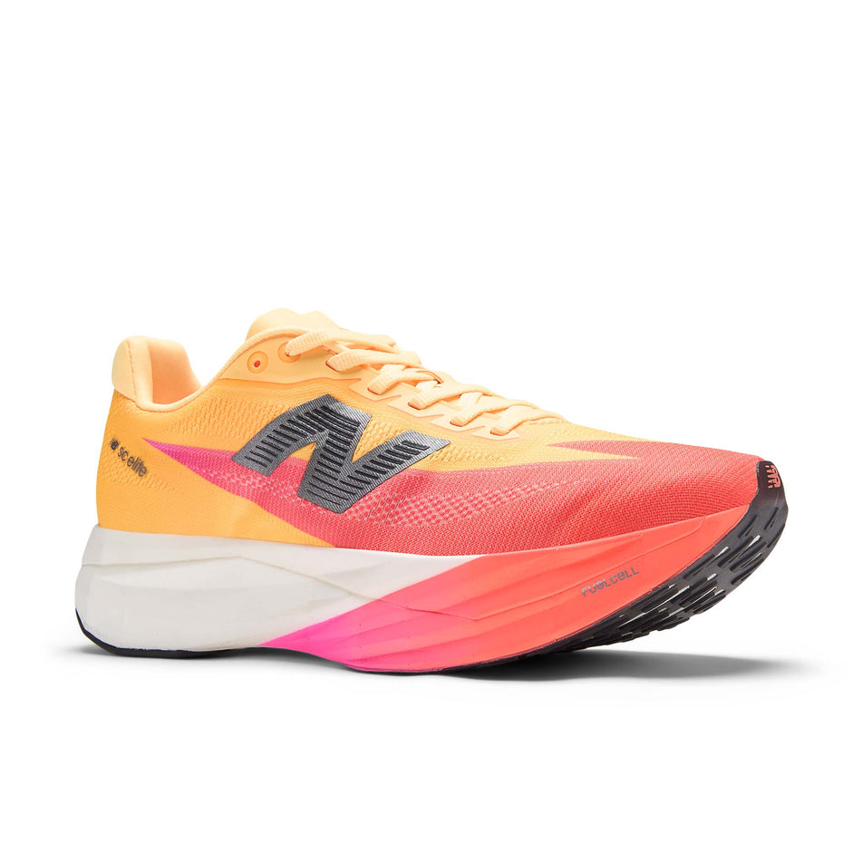 Lateral view of the right shoe from a pair of New Balance Women's FuelCell SuperComp Elite V5 Running Shoes in the Tangerine Heat colourway.