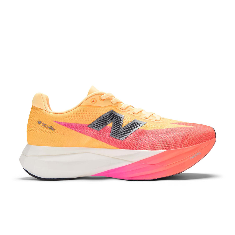 Lateral view of the right shoe from a pair of New Balance Women's FuelCell SuperComp Elite V5 Running Shoes in the Tangerine Heat colourway.