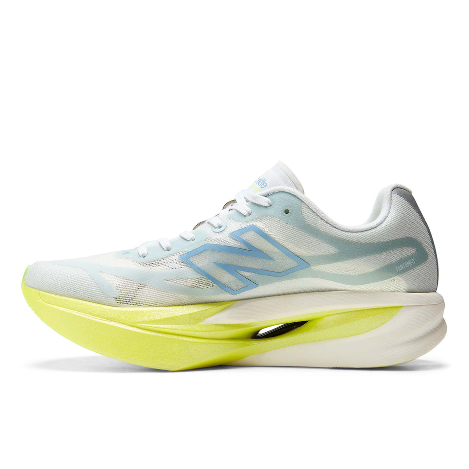 Medial view of the right shoe from a pair of New Balance Women's FuelCell SuperComp Elite V6 Running Shoes in the Fresh Air/Alkaline Green colourway.