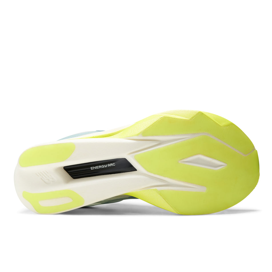 The outsole of the right shoe from a pair of New Balance Women's FuelCell SuperComp Elite V6 Running Shoes in the Fresh Air/Alkaline Green colourway.