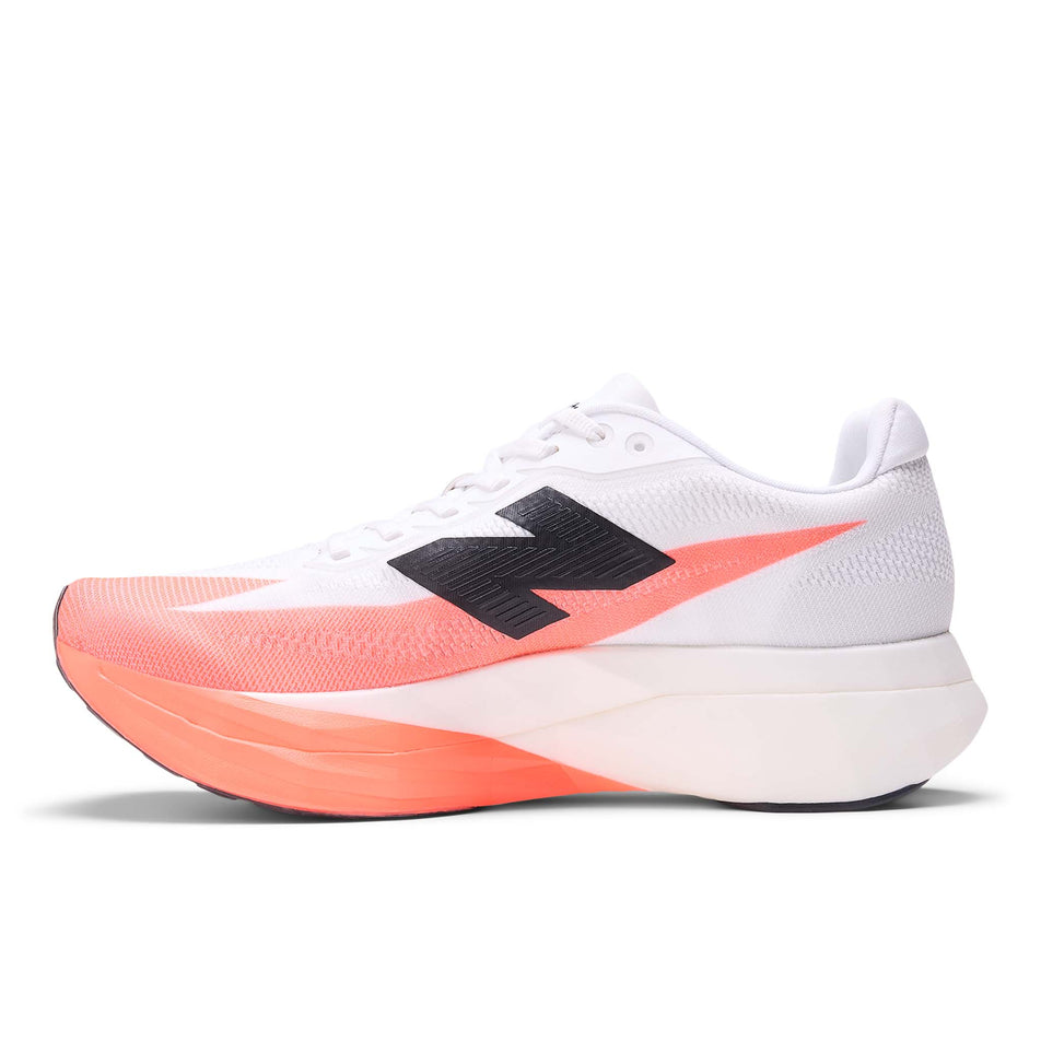 Medial view of the right shoe from a pair of New Balance Women's FuelCell SuperComp Elite V5 Running Shoes in the Urgent Red colourway. (8722037670050)