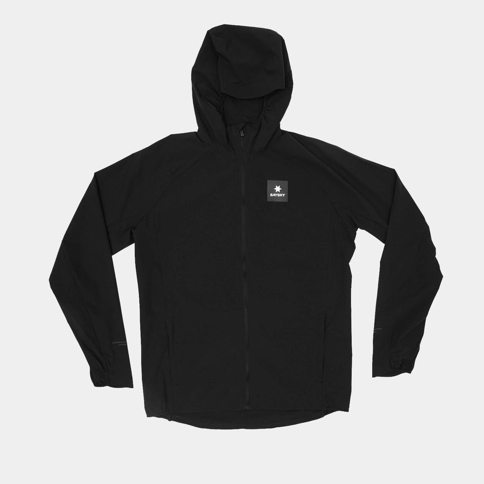 Front view of the SAYSKY Men's Clean Pace Flex Hooded Jacket in the Black colourway. (8601312362658)
