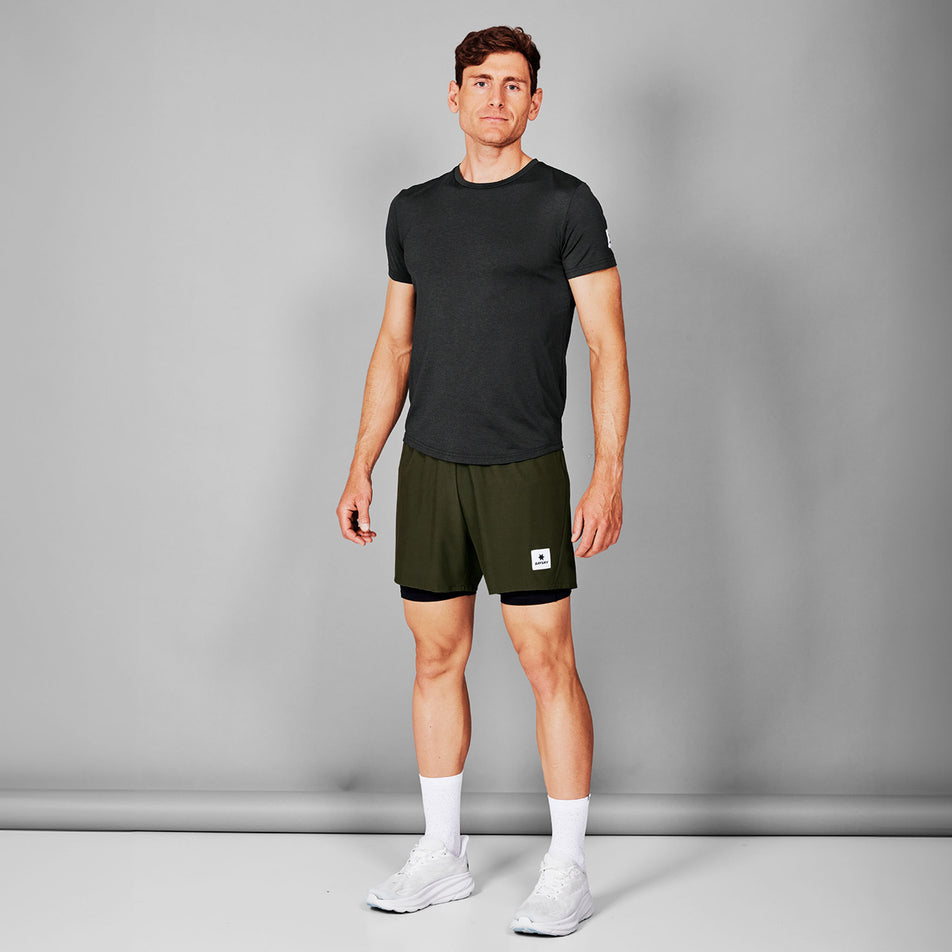 Front view of a model wearing the SAYSKY Men's Clean Pace T-Shirt in the Black colourway. (8731627225250)