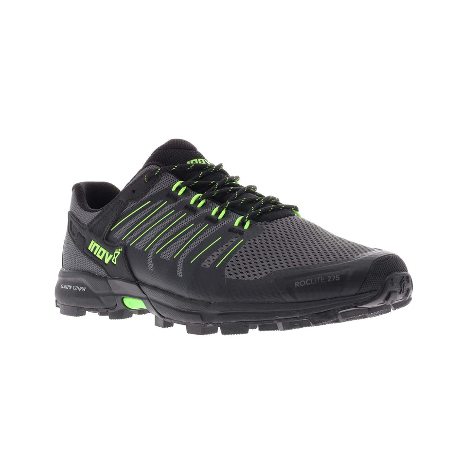 Anterior angled view of men's inov-8 roclite g 275 running shoes in grey (7281960681634)