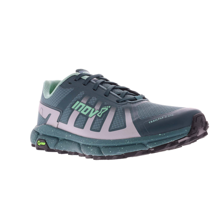 Lateral angled view of women's inov-8 trailfly g270 running shoes (7371381407906)