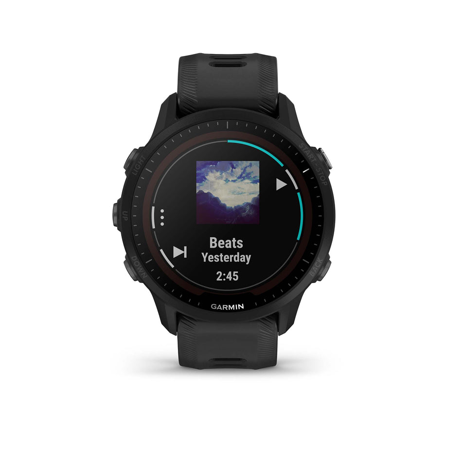 Music screen on Garmin Forerunner 955 Solar Smartwatch in Black (7577925714082)
