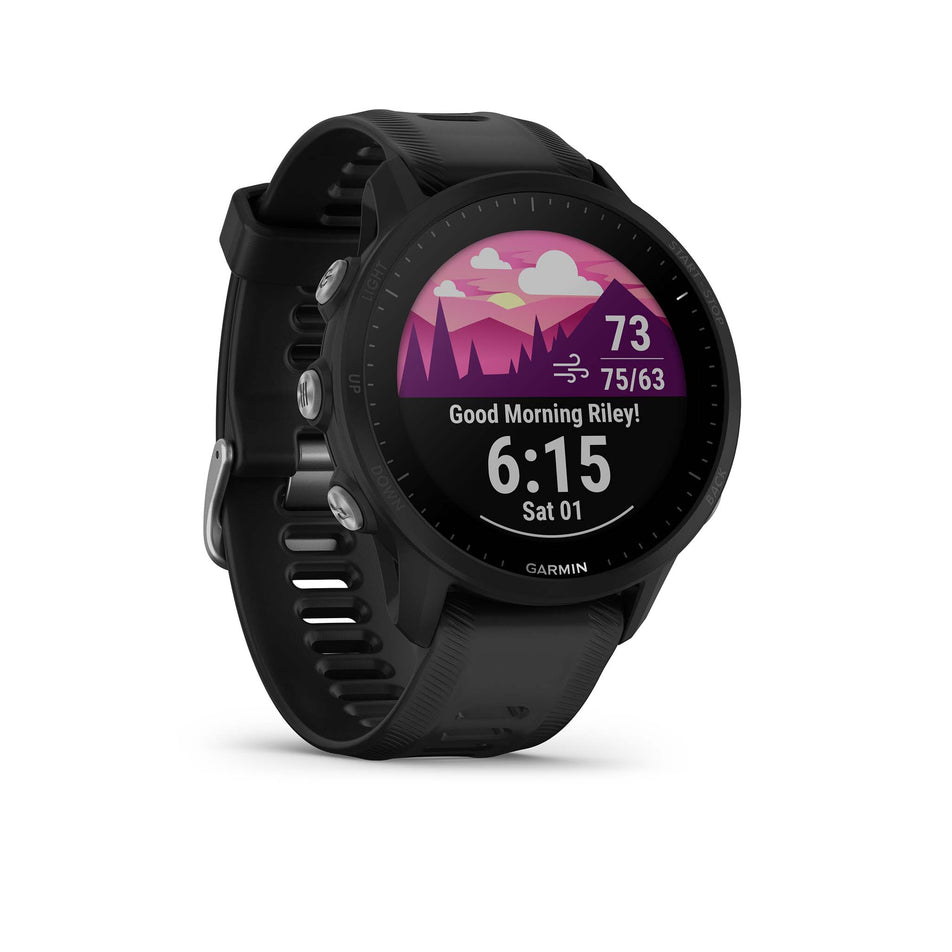 Time screen with pink mountain background on Garmin Forerunner 955 Smartwatch in Black (7528506425506)